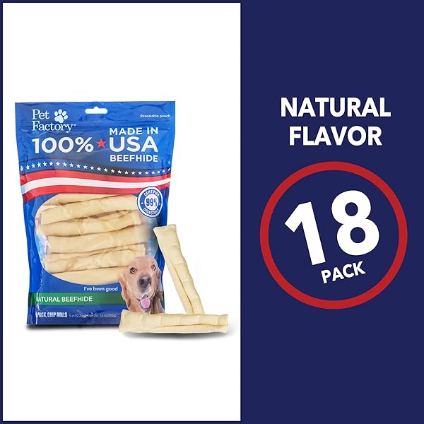 PET FACTORY 100% MADE IN USA BEEFHIDE 5″ CHIP ROLLS DOG CHEW TREATS – NATURAL FLAVOR, 18 COUNT/1 PACK