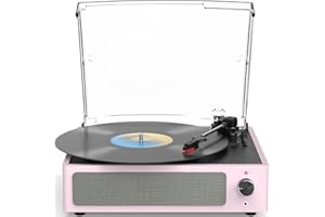 WOCKODER Record Players for Vinyl Vintage Turntable with Speakers Belt-Driven Turntables Support 3-Speed, Bluetooth Wireless Playback, Headphone, AUX-in, RCA Line LP Vinyl Players Light Pink