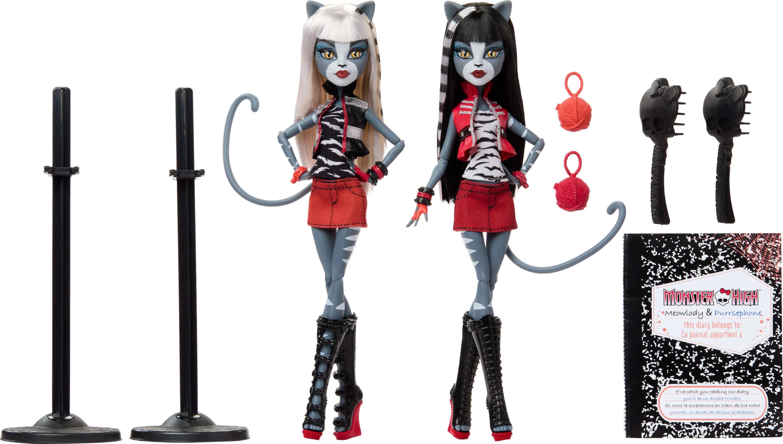 Monster High Boo-riginal Creeproduction Doll 2-Pack, Meowlody and Purrsephone Collectible Reproductions with Doll Stands and Diary