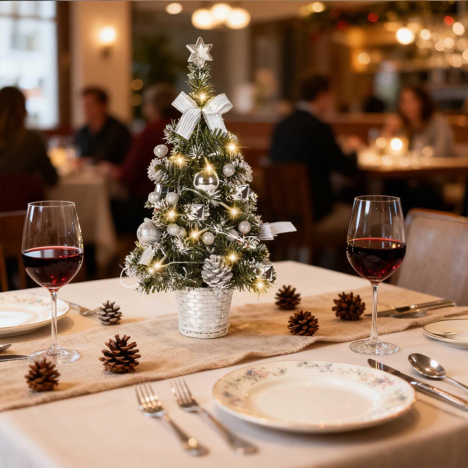 Mrinb 45CM Artificial Mini Christmas Tree with Battery Operated LED Lights, Includes Star, Baubles, Bows, Pine Cones, Tabletop Xmas Decor for Home, Office, Bar(Silver)