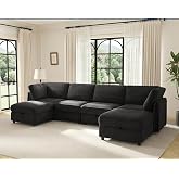 KKL Modular Sectional Sofa U-Shaped 6 Seater Couch with Storage Ottoman, Convertible L-Shaped Plush Wide-Wale Corduroy Couch for Living Room, Apartment, Modern Design, Black