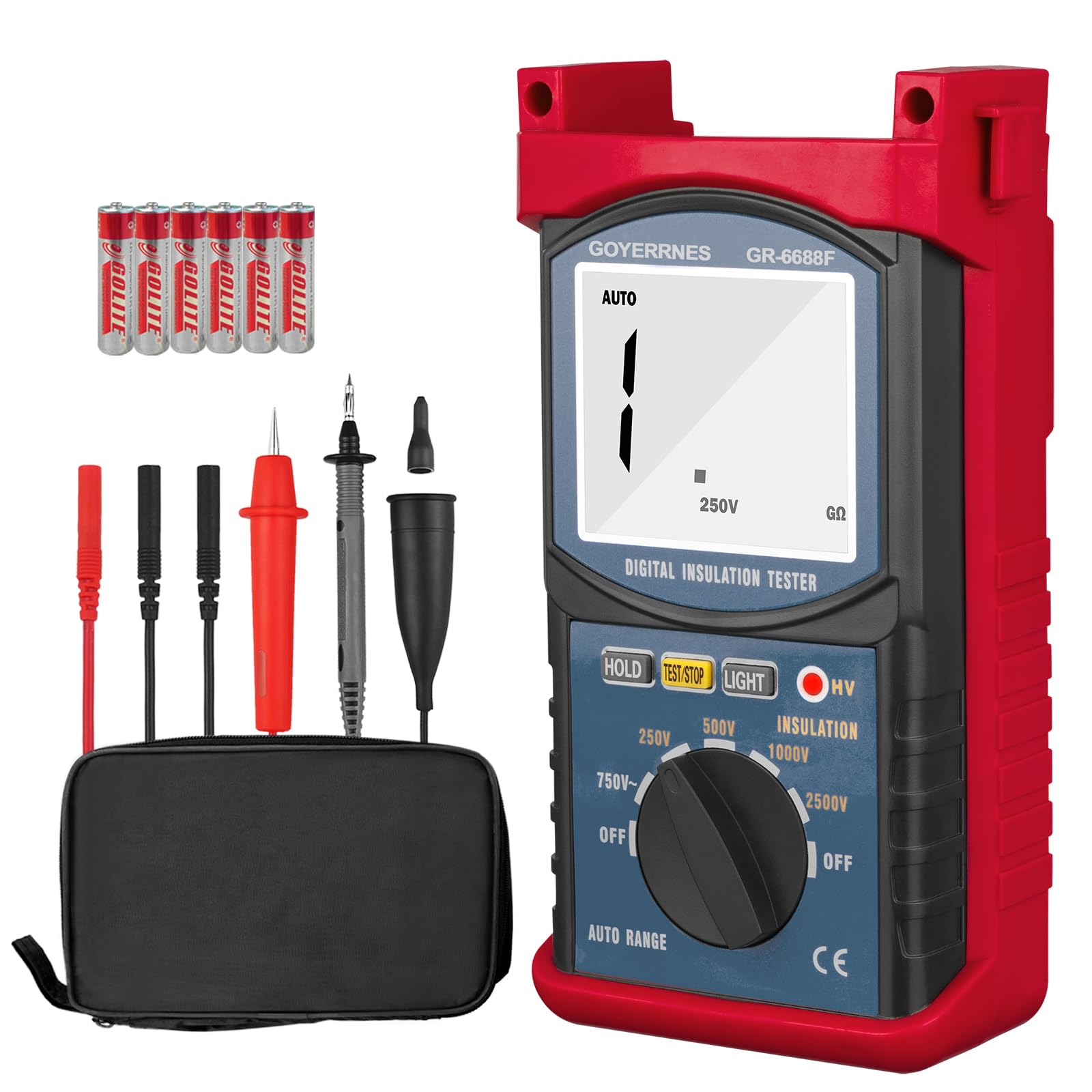 Insulation Resistance Tester, GR-6688F Portable Megohmmeter, 20G Ohm Digital Resistance Tester with range 250V/500V/1000V/2500V, Data Hold and Backlight, Testing for Floor Heating Cable