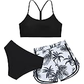 Weixinbuy Girls 3 Piece Swimsuit Bathing Suits Solid Bikini Set with Printed Sports Shorts Swimwear for 9-16Y Teen Girls