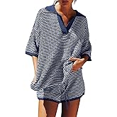 Tankaneo Womens Sweater Set 2 Piece Outfits Oversized 3/4 Sleeve V Neck Knit Tops High Waisted Shorts Lounge Sets