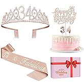 34th Birthday Decorations for Women Including Birthday Sash, Tiara/Crown, Numeral Candles and Cake Topper, 34 Year Old Gifts for Women, Rose Gold Party Decor Supplies
