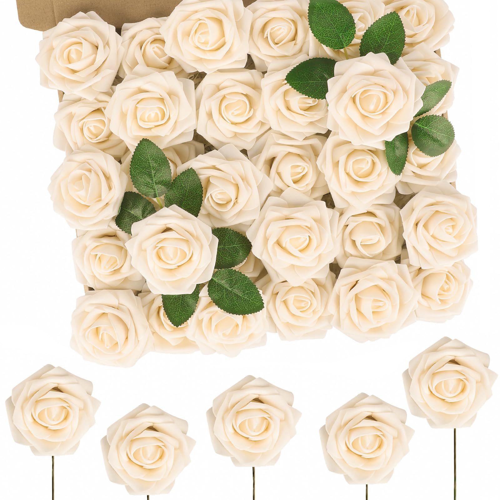N&T NIETING Roses Artificial Flowers, 50pcs Fake Flowers Foam Roses for DIY Wedding Bridal Bouquet Baby Shower Party Cake Wall Decoration, Cream