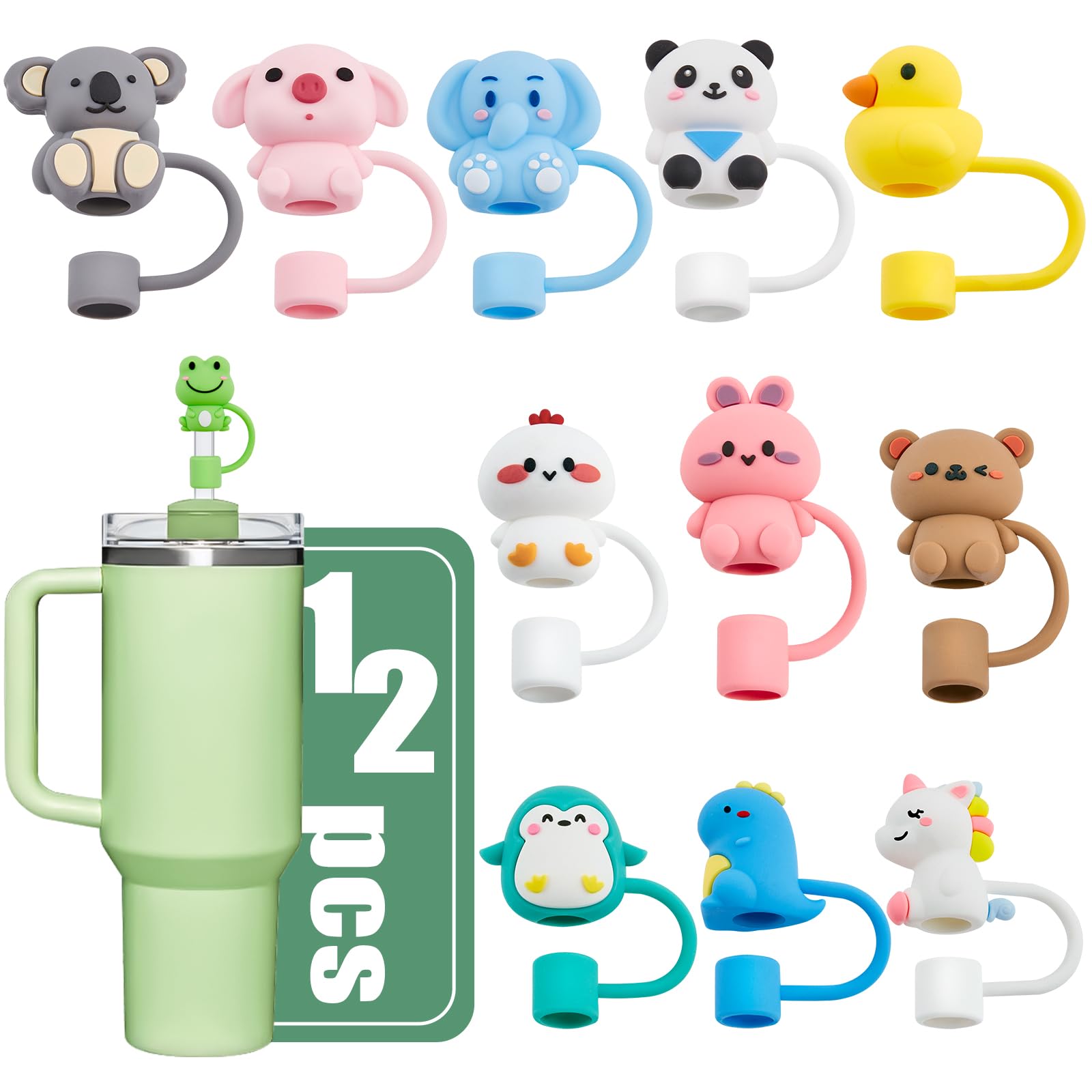 Photo 1 of 12 Pcs Silicone Straw Toppers for Stanley Cups, 3D Reusable Cute Animal Cover Caps Decoration for 40&30 oz Tumblers with DIA 10 mm Straws
