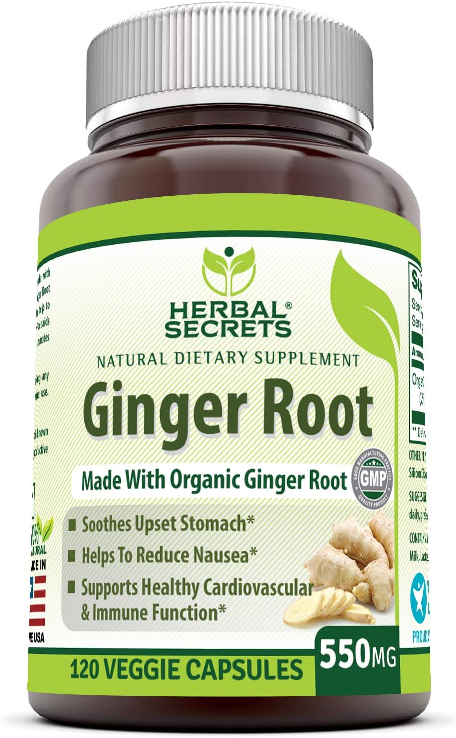 Herbal Secrets Ginger Root Supplement 550 Mg Capsules (Non-GMO) - Helps to Reduce Nausea, Supports Cardiovascular & Immune Function, Soothes Upset Stomach* (120 Veggie Capsules): Health & Personal Care