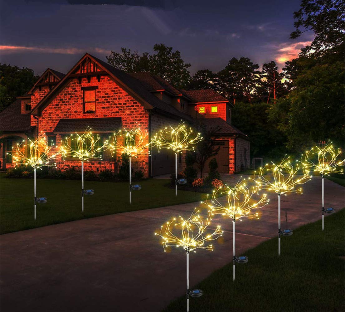 Sunboia Solar Firework Lights,Solar Starburst Lights 40 Branches 120 LED Light for Garden Walkway Pathway Christmas Party Decoration(2 Pack) Warm White