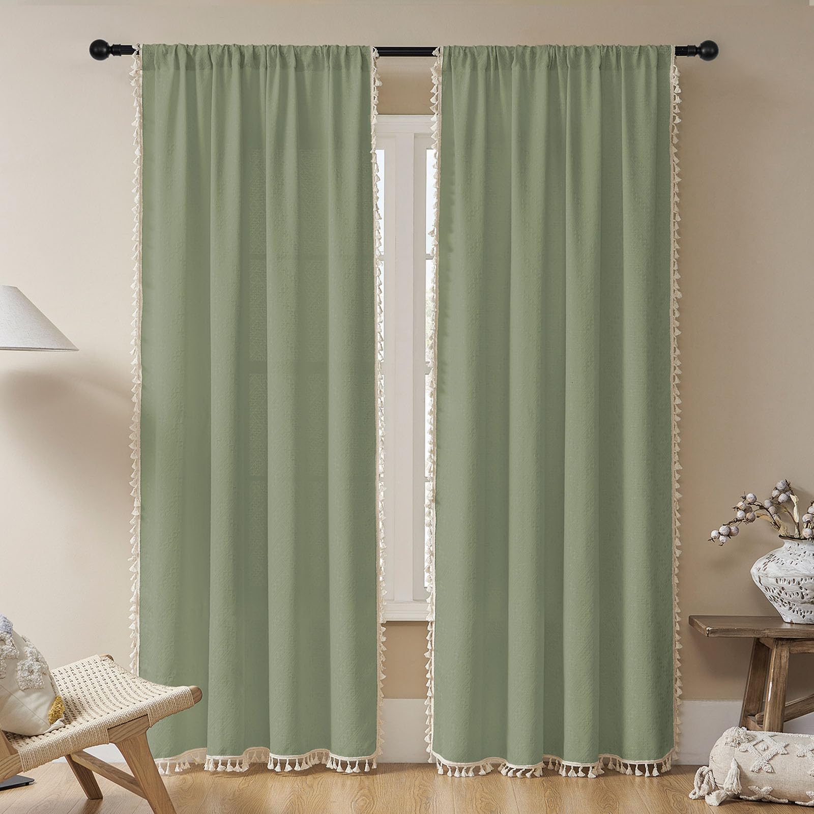 Joydeco Sage Green Boho Curtains 108 Inches Long 2 Panels, Super Soft Bohemian Farmhouse Curtains with Tassels, Semi Sheer Light Filtering Drapes for Bedroom Living Room (Rod Pocket, 52Wx108L) Image