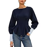 Bozanly Women's Cinch Waist Peplum Sweatshirt Crew Neck Balloon Sleeve Babydoll Pullover Tops