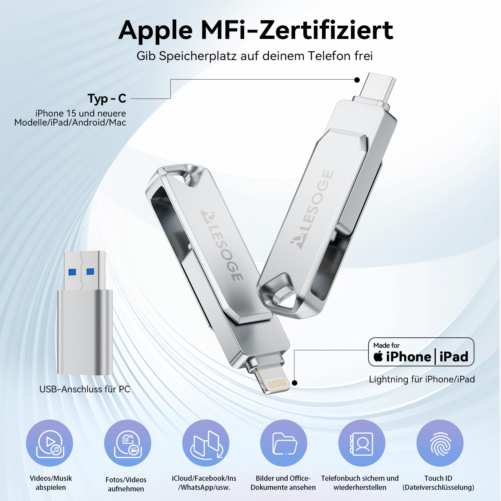 LESOGE MFi-Zertifizierter USB C Stick 128 GB,Mini USB Stick Handy Fotos Speichern,3 in 1 USB C und 3.0 Stick,Externer Speicher für Fotos und Videos,Photo Stick für iPhone/iPad/Android/PC/Mac (Silber) 2