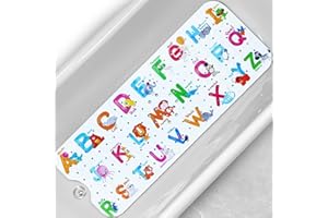Linoows Baby Bath Tub Mat, Extra Large Non Slip Kids Cartoon Bathtub Shower Mats with Suction Cups & Drain Holes, Machine Washable for Bathroom, 40 x 16 Inch, Alphabet Animals Pattern