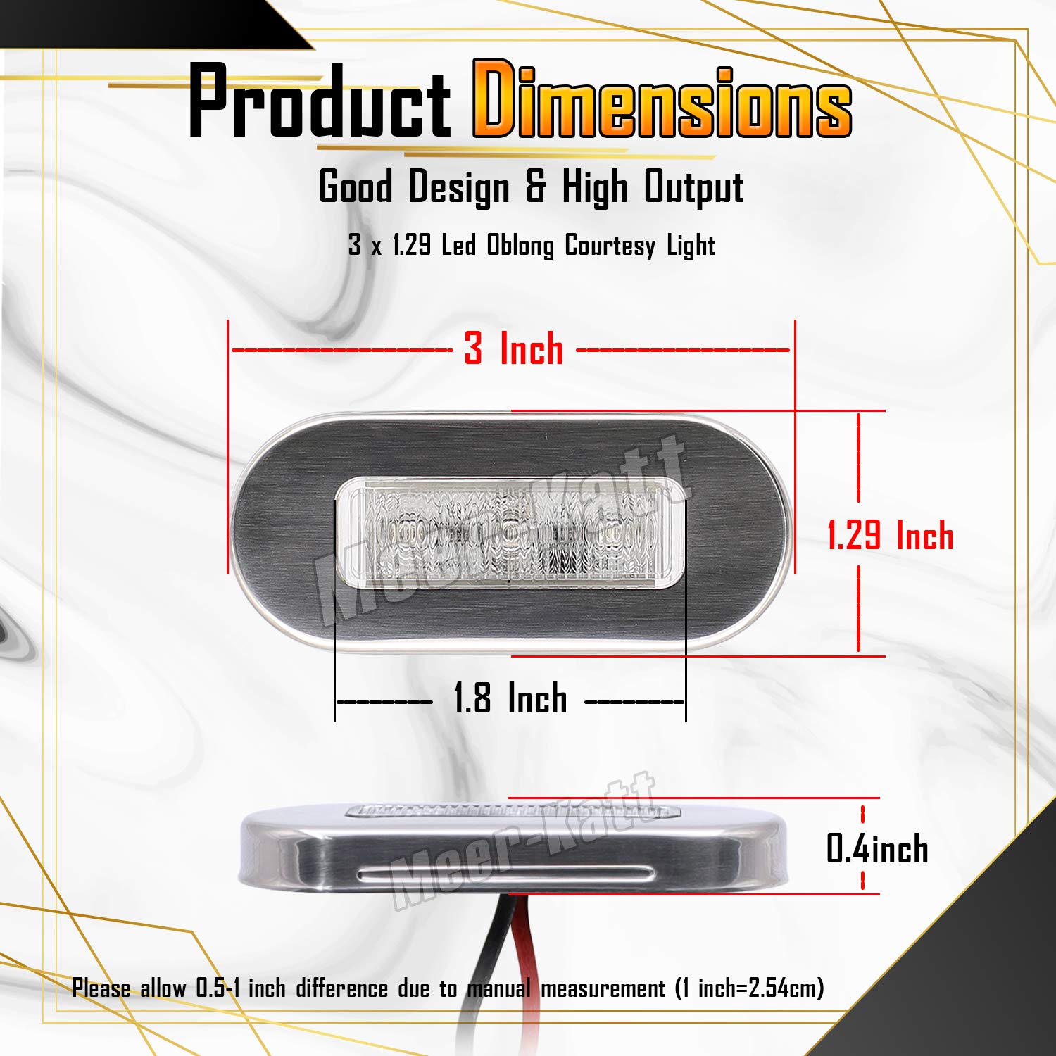 Meerkatt (Pack of 10) 3 Inch Oblong Amber LED Marine Courtesy Light Sealed Flush Mount Clearance Lamp for Yacht Stair Deck Garden Boat RV Cabin Truck Waterproof 12V DC with Chrome Stainless Bezel UV12