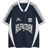 Aelfric Eden Jersey Shirts Women Oversized Mesh V Neck Graphic Tees Y2k Color Block Short Sleeve T Shirt Tops