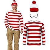 Helimoto Halloween Costumes, Red and White Striped Shirt, Cosplay Costumes Adult, Halloween Shirt with Glasses Frame and Hat