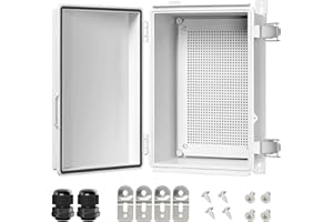 LeMotech Electrical Box, IP67 Waterproof Hinged Cover Stainless Steel Latch Junction Box, ABS Plastic Electrical Enclosure with Mounting Plate,Wall Brackets, Cable Glands,11.8"x7.7"x5.2",Grey