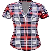 winkbay Women's Summer Plaid Collar V Neck Blouse Vintage Short Sleeve Fitted Dressy Casual Shirts