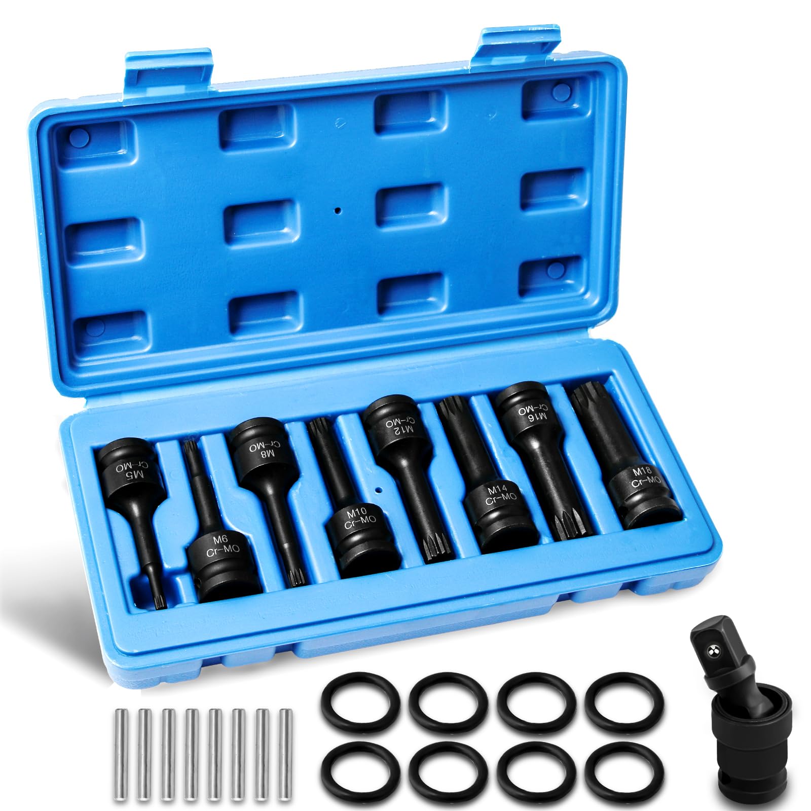 Hakkin 1/2 Inch Impact XZN Bit Socket Set 9Pcs CR-MO 1/2” Drive Impact Triple Square Spline Bit Socket Set M5 M6 M8 M10 M12 M14 M16 M18 for Impact Driver Tool