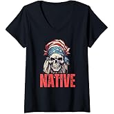 Womens Native American Headdress American Skull Flag July 4 V-Neck T-Shirt