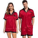SWOMOG Couples Pajama Set Women & Men Silk Satin Short Sleeve Set Top and Shorts Sleepwear Soft Button-Down Loungewear