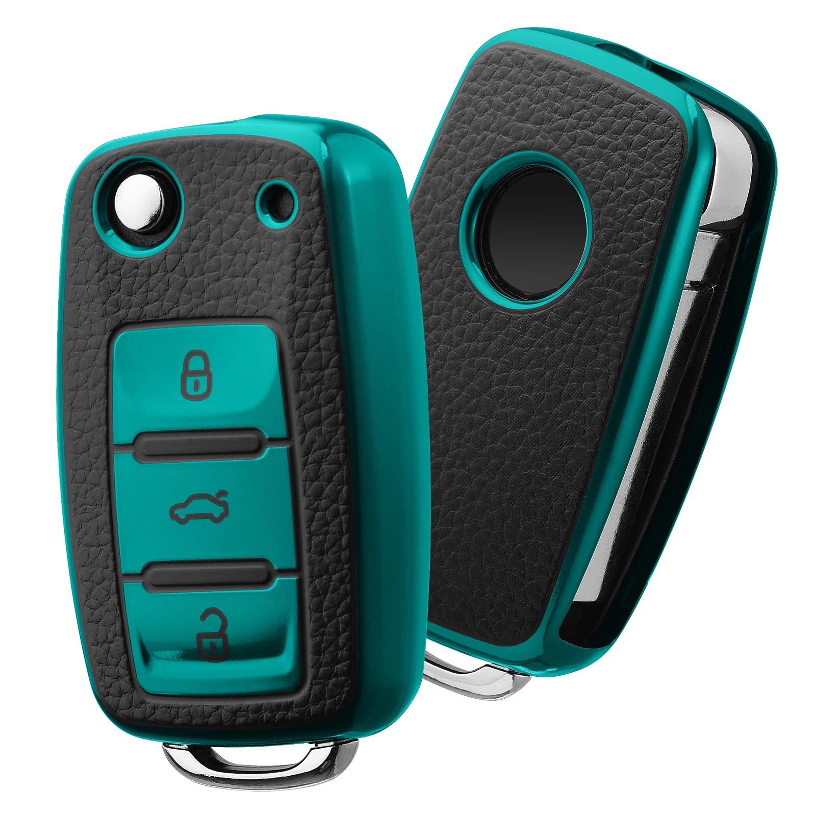 OATSBASF Car Key Cover for VW Golf, Polo, Passat; Skoda; Seat; 3 Buttons (Green-Leather)