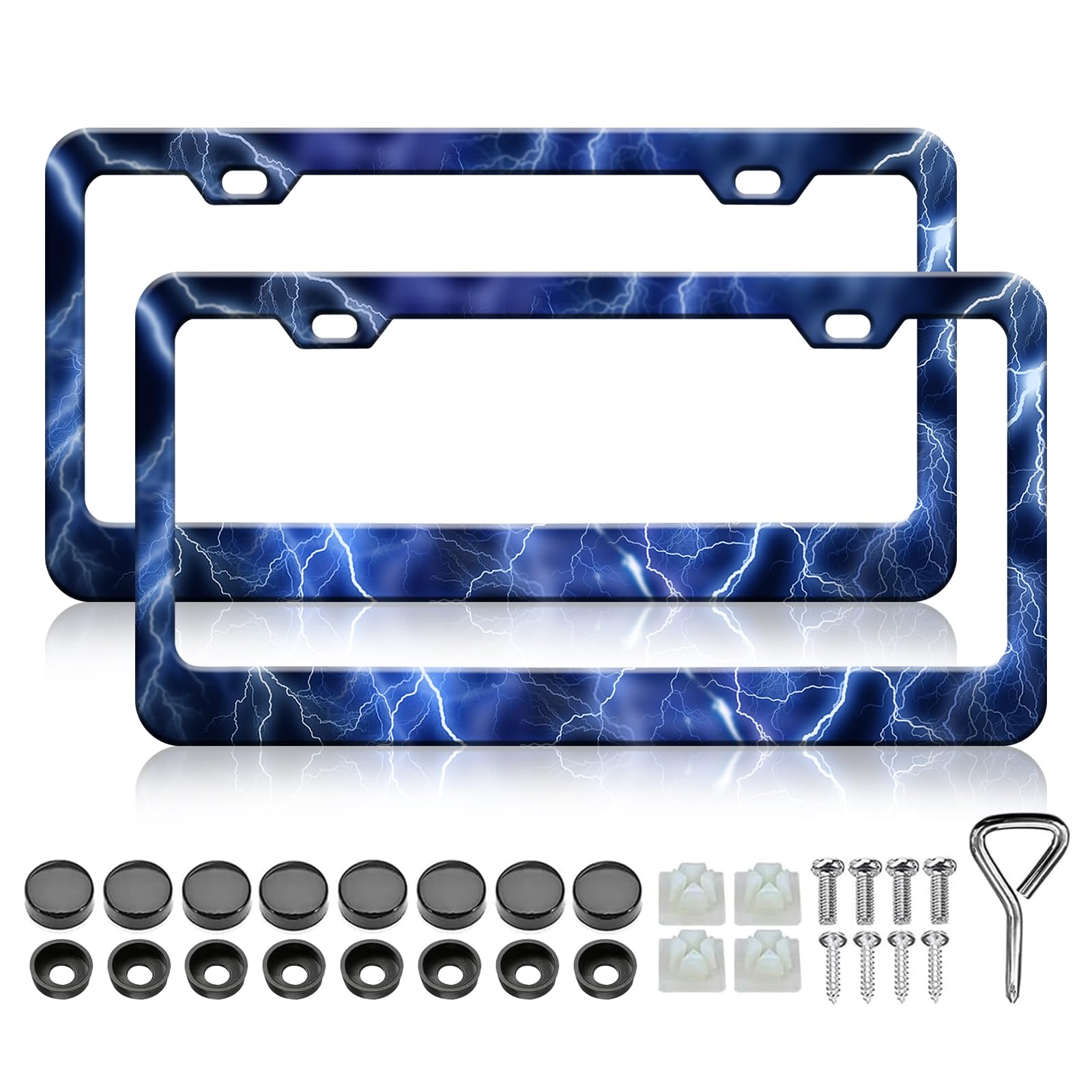 Photo 1 of Blue Lightning License Plate Frame - 2 PSC Funny Thunder Aluminum Metal License Plate Frame, Rust-Proof Waterproof Car Decorative Tag Frames for Standard Us 12x6 Inch
