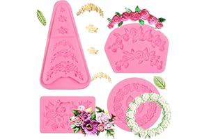 Muyulin Rose Flowers Garland Silicone Molds, 4 Packs Rose with Leaves Chocolate Molds for Relief Cake Decoration Cupcake Topp