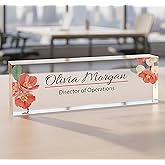 ARTSWAVE Name Plate for Desk – Personalized Office Name Sign with Red Flower Design – Clear Acrylic Block Nameplate for Teacher, Boss, Principal, Nurse, Office Decor, Door or Wall Display