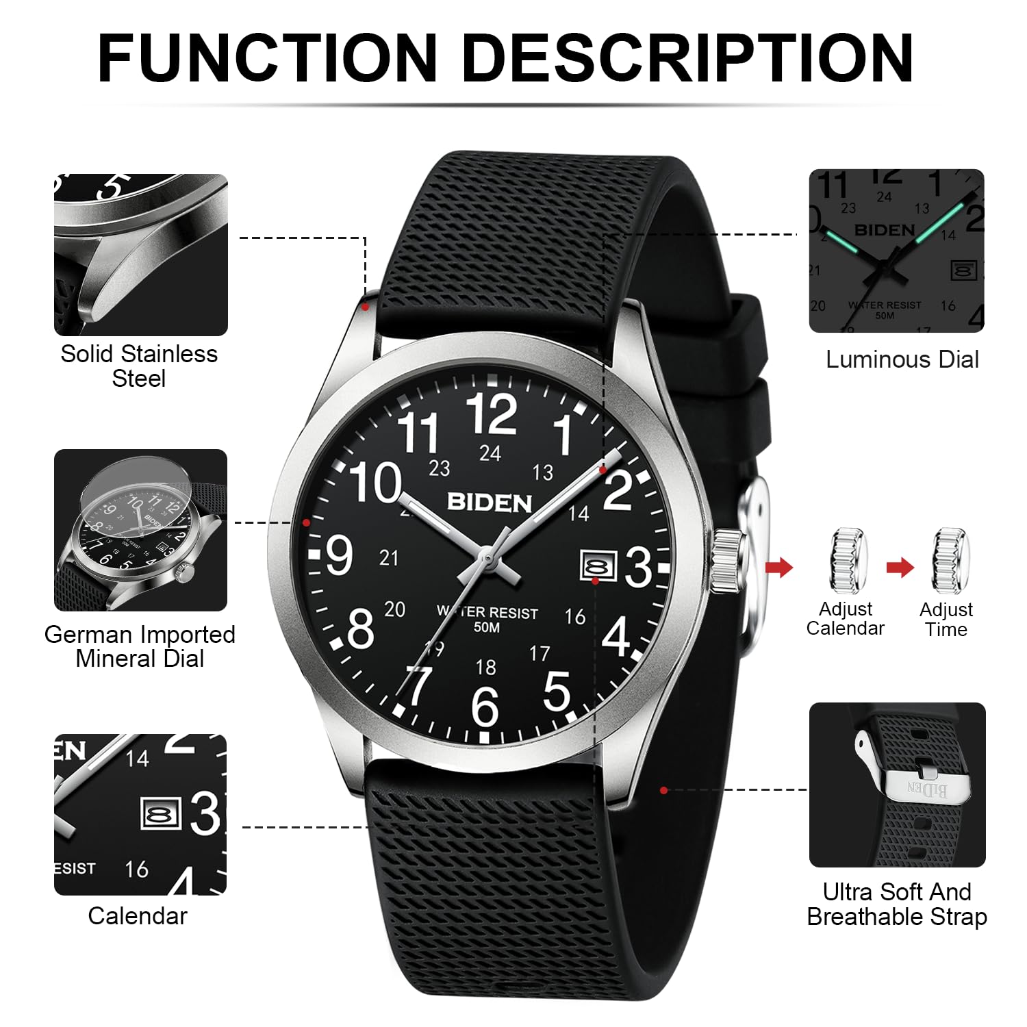 LN LENQIN Herren Analog Uhren 30M Wasserdicht Krankenschwester Uhren mit Nylon Bands für Männer Licht einfache Feld Uhr mit Datum Leichter Leser -Silber Schwarz