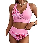 Herseas Women's 2 Piece Bikini Sets Twist Front Top Lily Print Swimsuits High Waisted Bathing Suit Beach Summer Swimwear