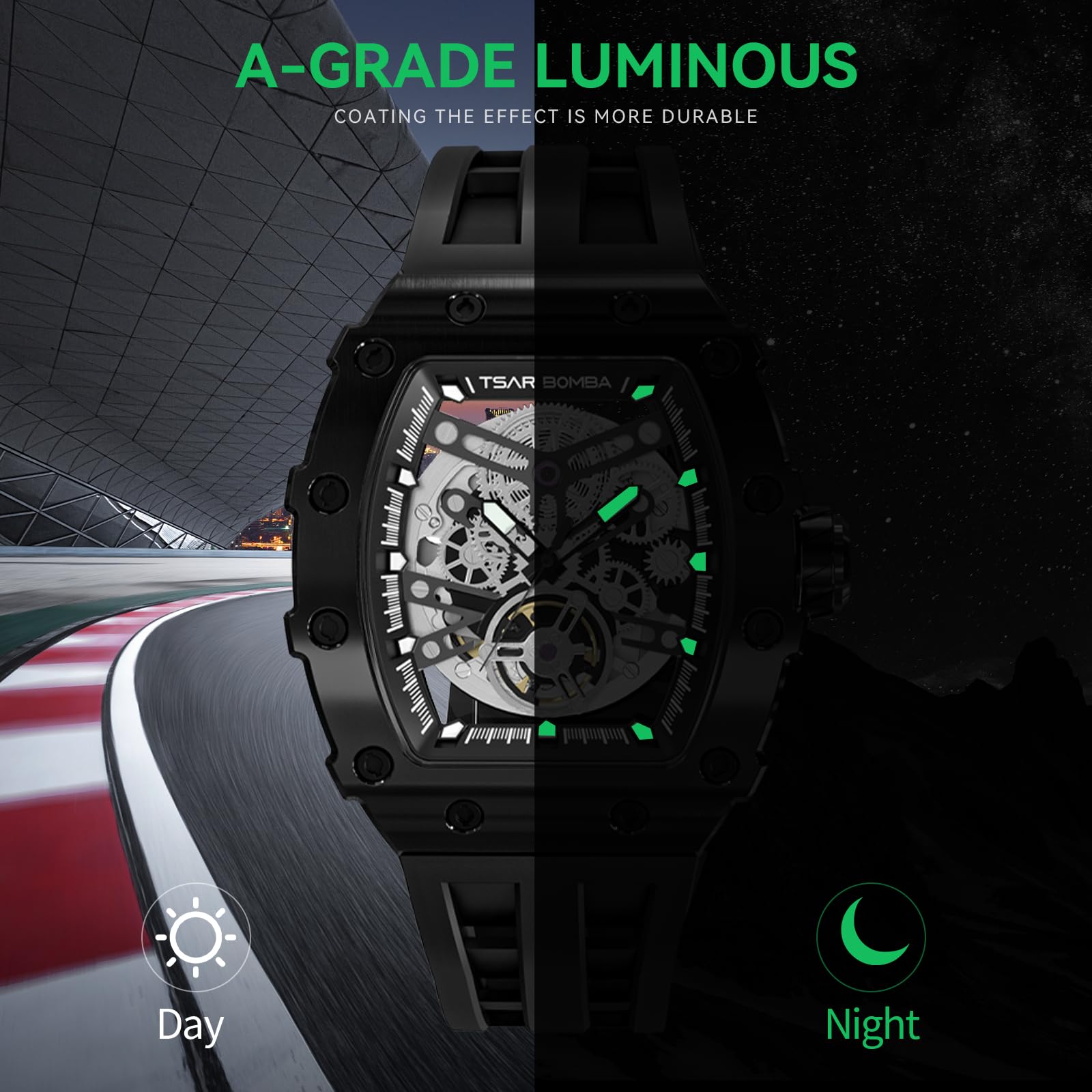 TSAR BOMBA Watch for Men, 50M Waterproof Automatic Mens Watch, Skeleton Mechanical Tonneau Big Face Dial Black Watch with Silicone Watch Bands, Gifts for Men