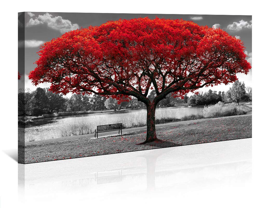 Black and White Wall Art Large Canvas Print Picture Red Tree Landscape
