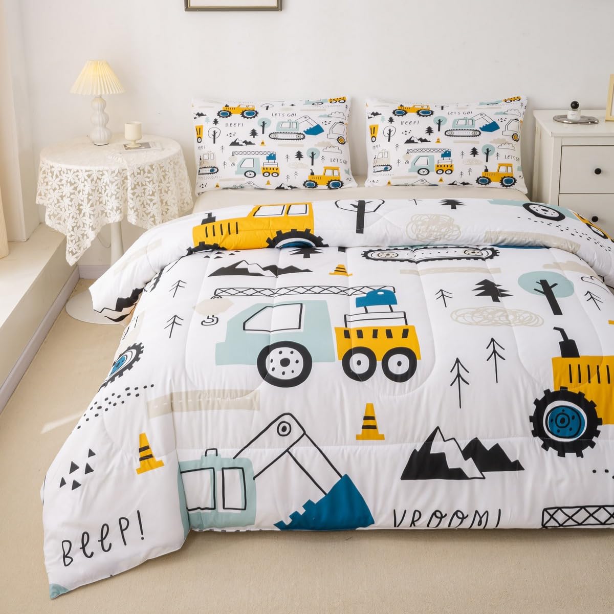Loussiesd Cartoon Car Kids Duvet Set Construction Bedding Set Decor Equipment Trucks Duvet Insert Cartoon Car Excavator Tractor White Yellow Down Duvet Bedroom Quilt Set 3Pcs Double — image 1