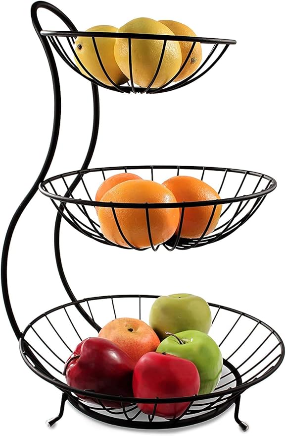 3 Tier Fruit Bowl Countertop Metal Fruit Basket Black Fruit Bowl