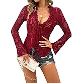 Women's V Neck Lace Sheer Top Sexy Mesh See Through Shirts Open Front Tie Long Sleeve Blouses Y2k Going Out Tops