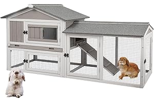 Gowoodhut Rabbit Hutch Indoor Outdoor 68.9" L Bunny Hutch with Pull Out Tray,2 Story Wooden Rabbit Cage with Asphalt Roof,Guinea Pig Cage with Ventilation Doors,Ramp for Small Animals(Grey)