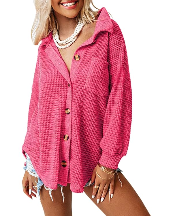 Dokotoo Womens Waffle Knit Shacket Jacket Casual Long Sleeve Button Down Shirts Dressy Blouses Tops