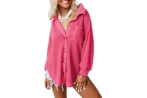 Dokotoo Womens Waffle Knit Shacket Jacket Casual Long Sleeve Button Down Shirts Dressy Blouses Tops