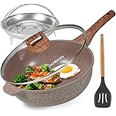 AOSION 11 Inch Nonstick Ceramic Deep Frying Pan Skille with Lid,5QT Sauté Pan for Cooking with Steam Rack,Healthy Large Skillet,Stay Cool Handle, Induction Compatible, PFOA & PFAS Free. (BROWN)