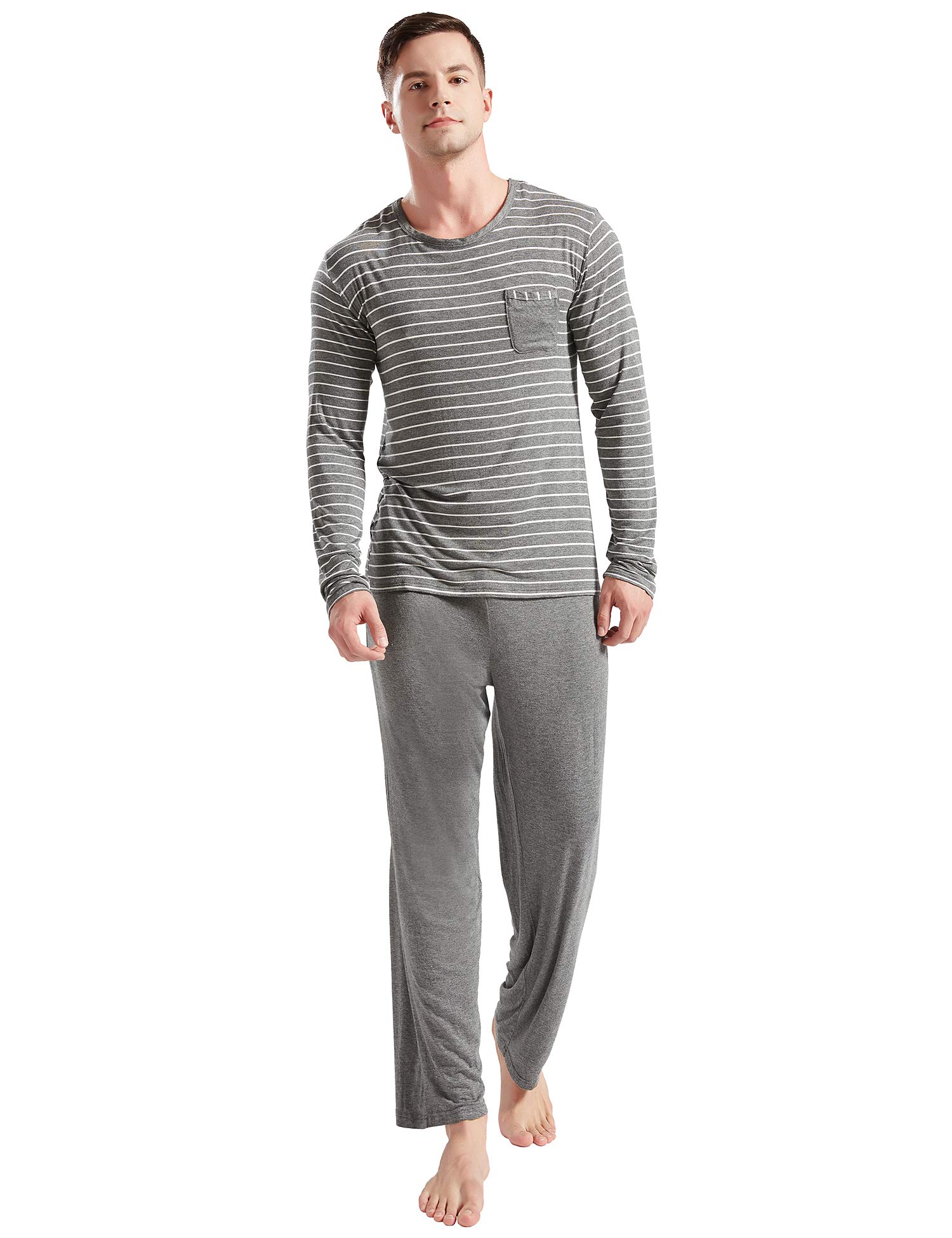 LEMONMOON Men\'s Pajama Set Cotton Classic Striped Crew Neck Sleepwear 2 Piece Long Sleeve Tee with Long Pants, Gray S