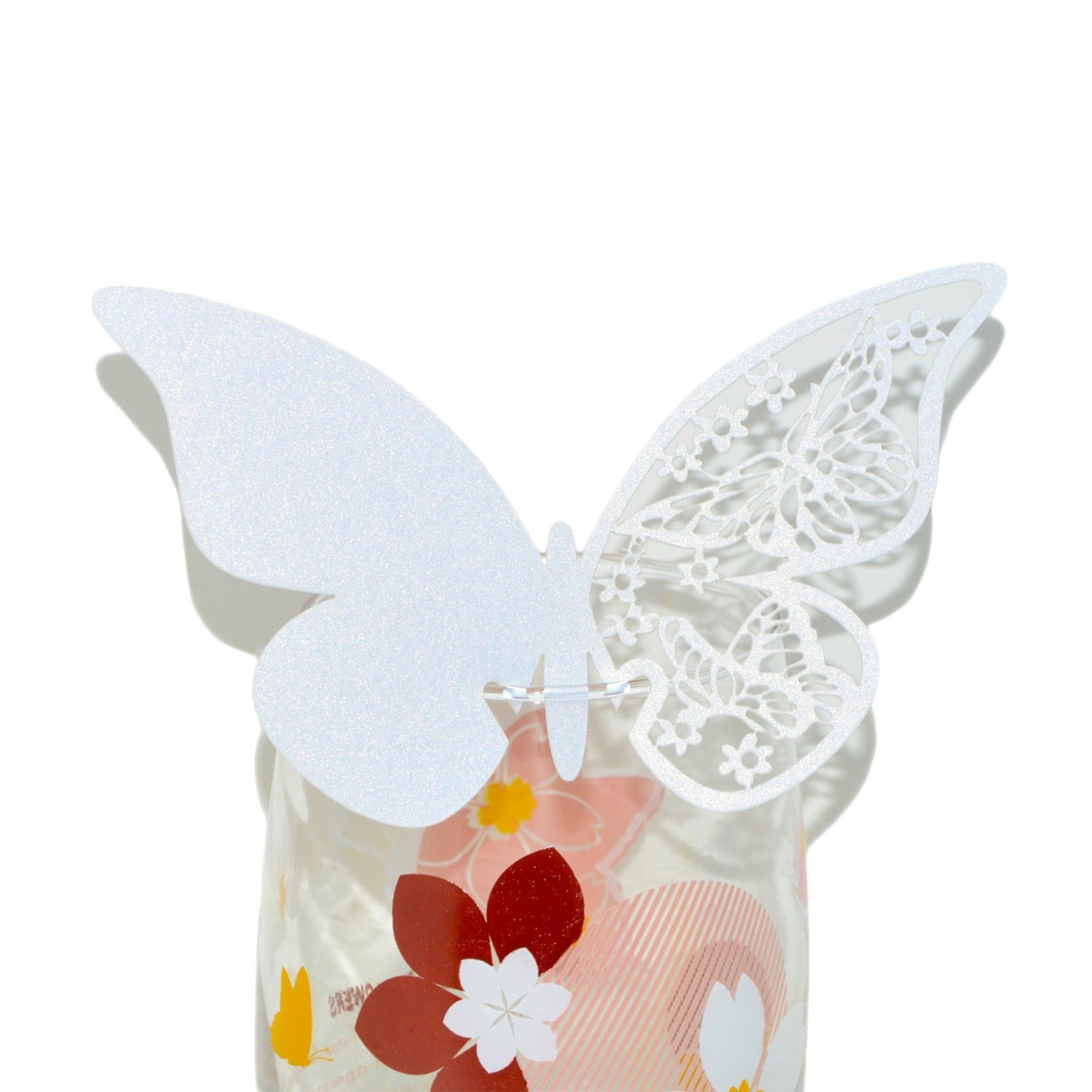 50 pcs Butterfly Shimmer Laser Cut Design Wine Glass Name Place Cards for Wedding Party Decoration (White)