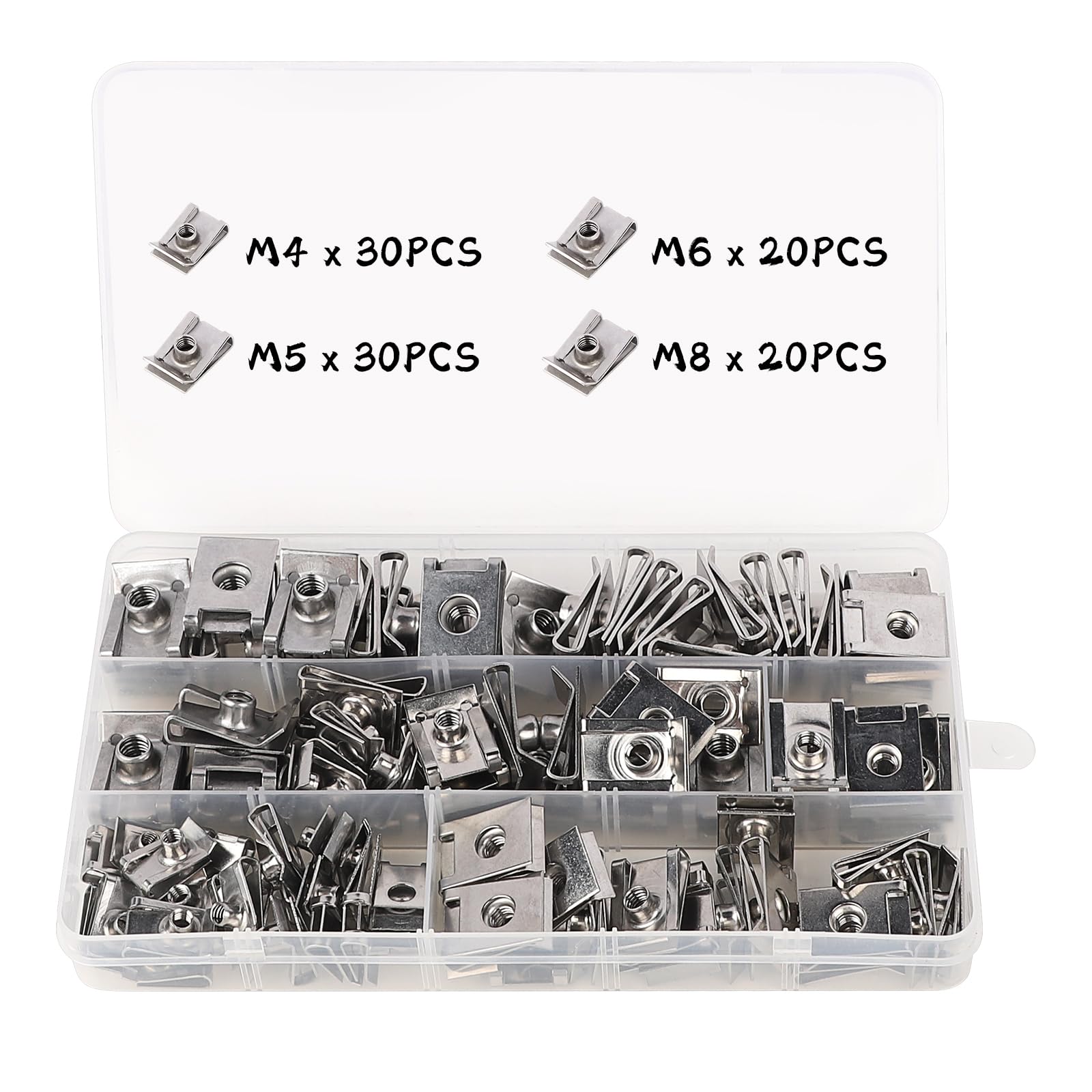LALAGO Pack of 100 Tin Nuts, M4, M5, M6, M8 Stainless Steel Sheet Nut Set with Storage Box