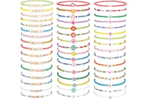 Guiqulai 48 Pcs Kids Friendship Bracelet Set,Colorful Adjustable Beaded Bracelets,Cute Stretch Preppy Bracelets