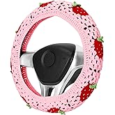 Crochet Steering Wheel Cover Set,Cute Car Steering Wheel Cover Boho 14-15in,Pink Strawberry Granny Square Pattern,Hippie Women Car Accessories (A Wheel Cover)