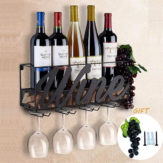 Estante De Vino De Metal Montado En La Pared Con Soporte De Copa