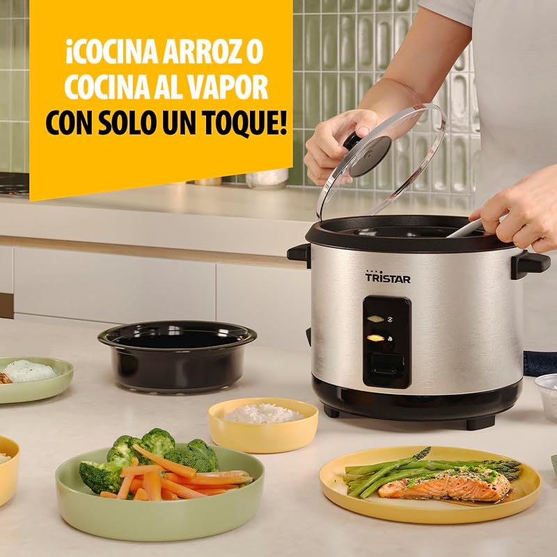 Olla Arrocera, 1,5 L de Capacidad, Carcasa de Acero Inoxidable, Bandeja de Vapor, Apagado Automático, Función Mantener Caliente, 500 W, RK-6145