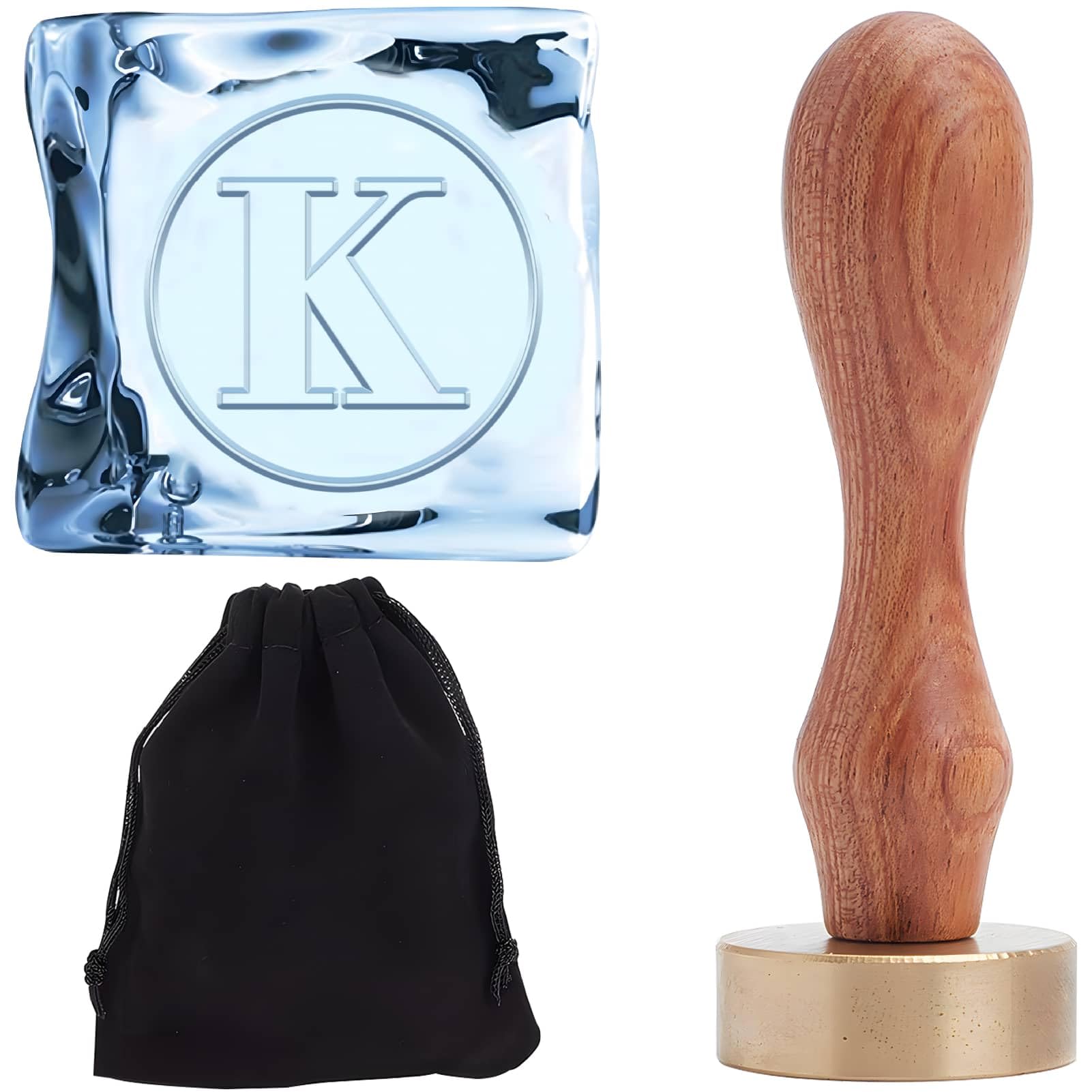 CRASPIRE Ice Stamp 1.2" Letter K Ice Cube Stamps Initial Letters Vintage Wooden Handles Seal Stamp Removable Brass Head Replacement for Parties Events Holiday Bar Cocktail Whisky Mojito Drinks Making