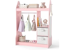 HONEY JOY Kids Dress up Storage with Mirror, Wooden Children Costume Wardrobe Closet w/Storage Bins, Open Hanging Toddler Arm