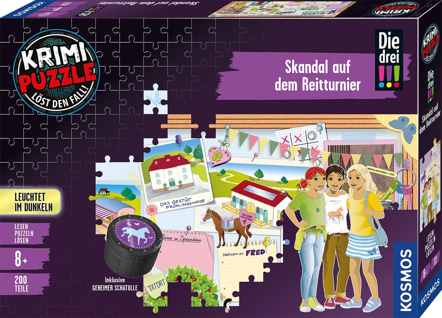 KOSMOS 680725 Crime Puzzle The Three Scandal on the Riding Tournament, 200 Pieces, Glows in the Dark, Reading, Puzzles, Solving Puzzles, for Children from 8 Years, Horse Puzzle, The Three Exclamation